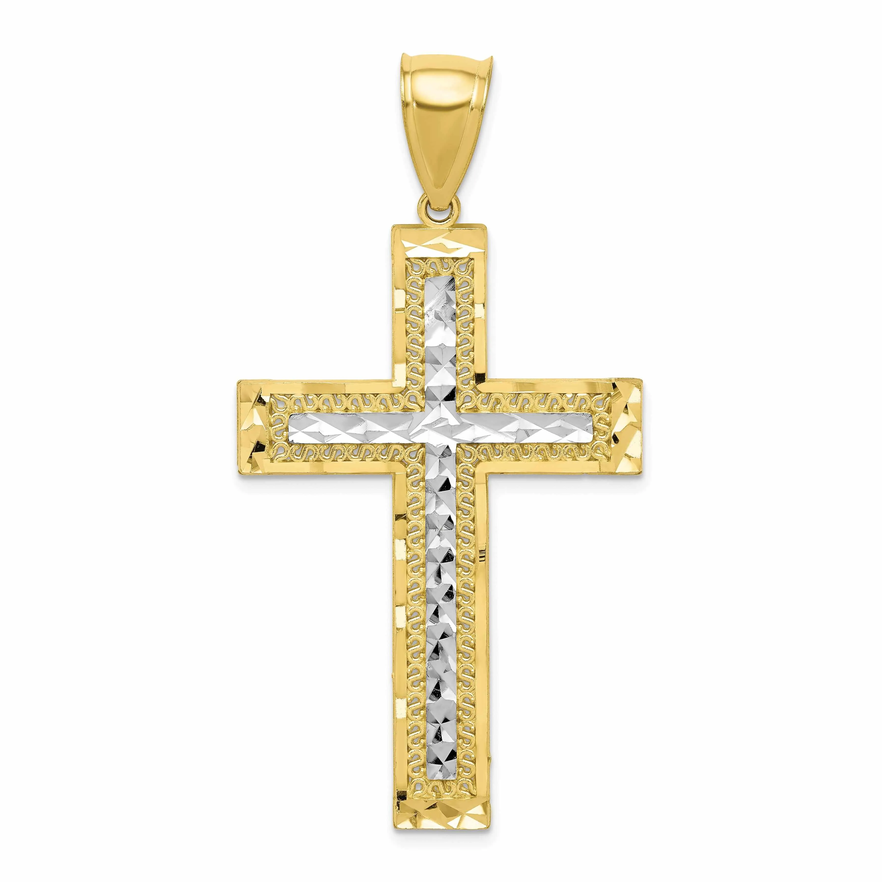 10k Yellow Gold Rhodium Textured Cross Pendant