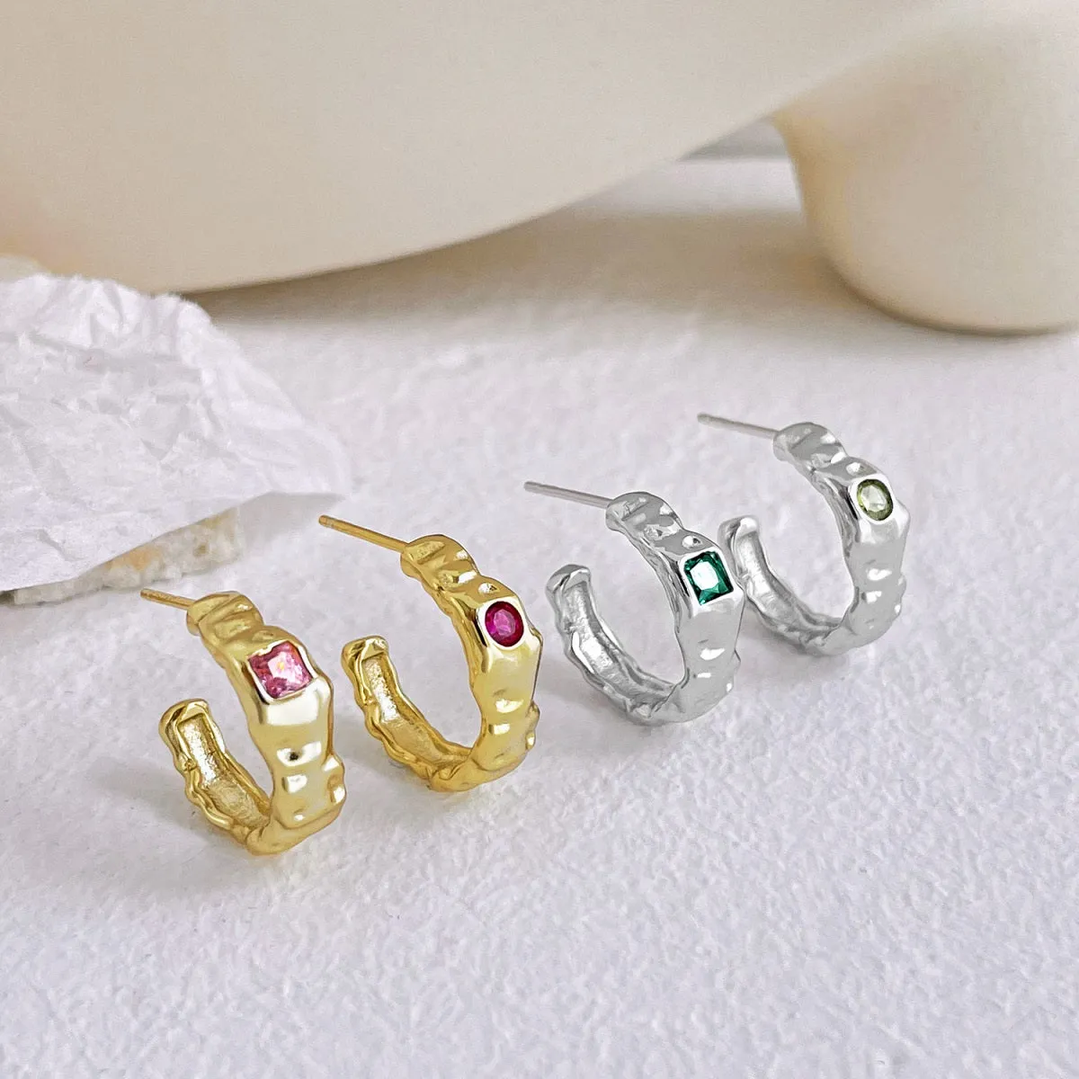 14mm Pink Crystal Textured Stud Backed Hoop Earrings - Gold