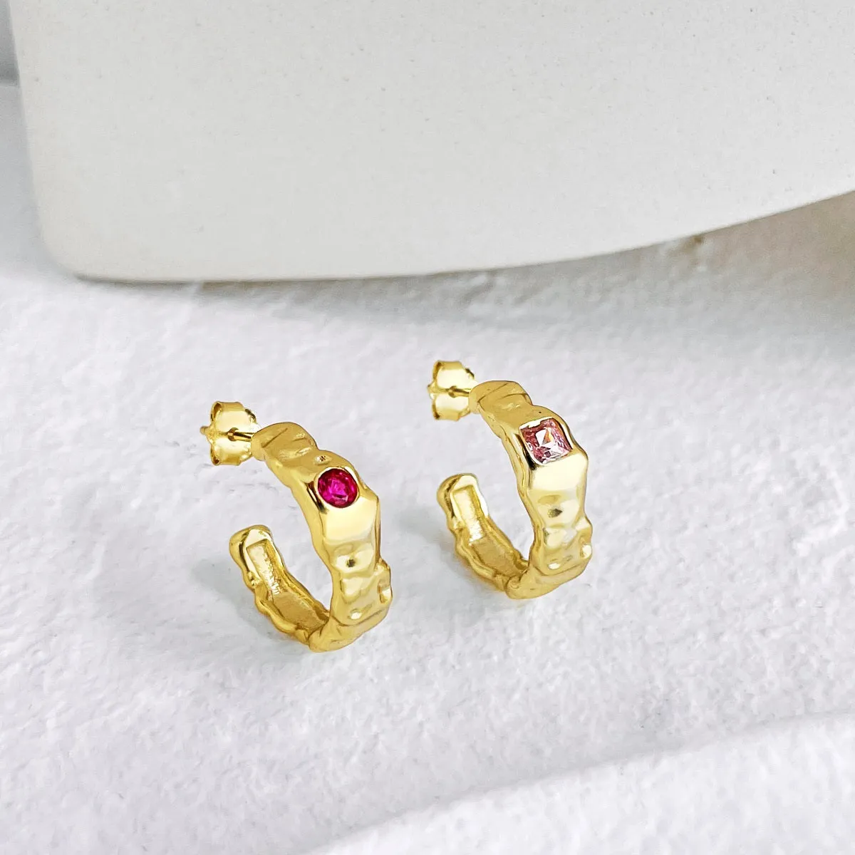 14mm Pink Crystal Textured Stud Backed Hoop Earrings - Gold