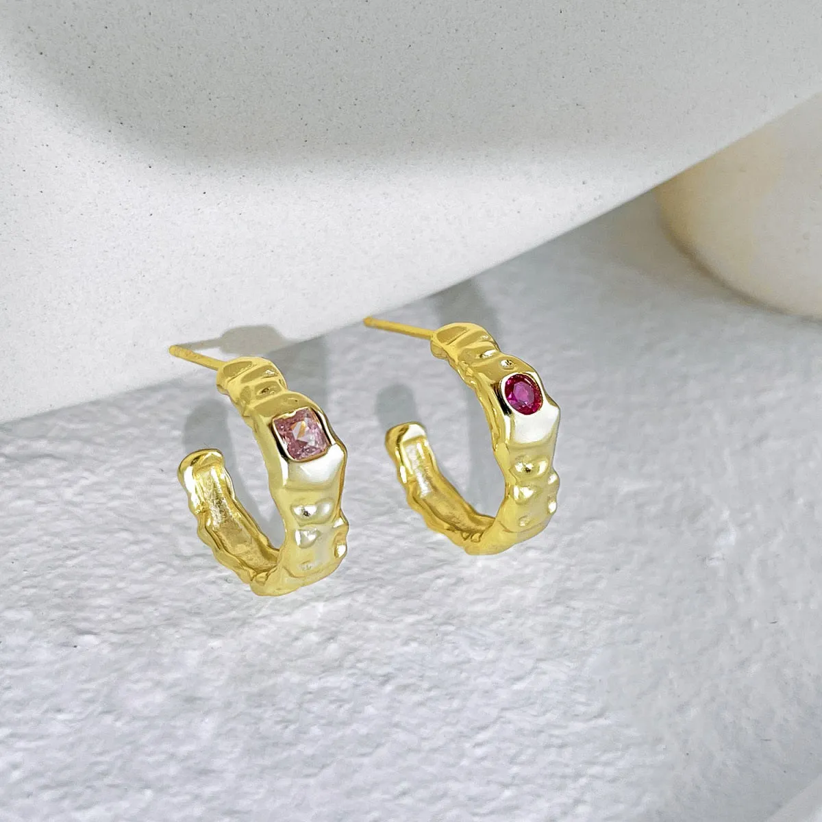 14mm Pink Crystal Textured Stud Backed Hoop Earrings - Gold
