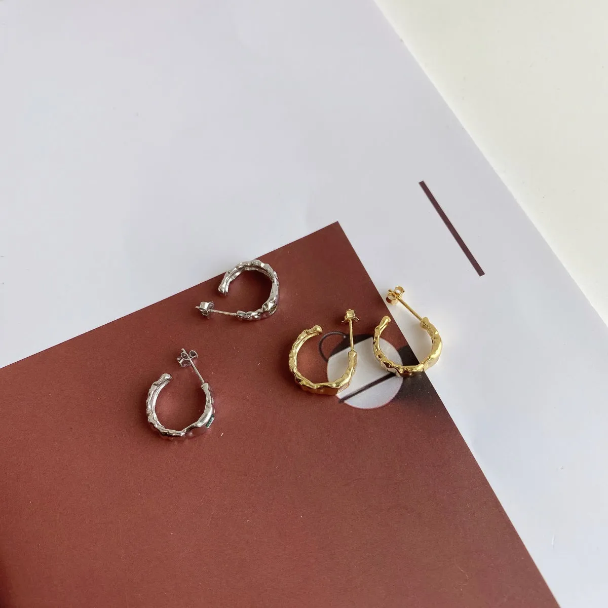 14mm Pink Crystal Textured Stud Backed Hoop Earrings - Gold