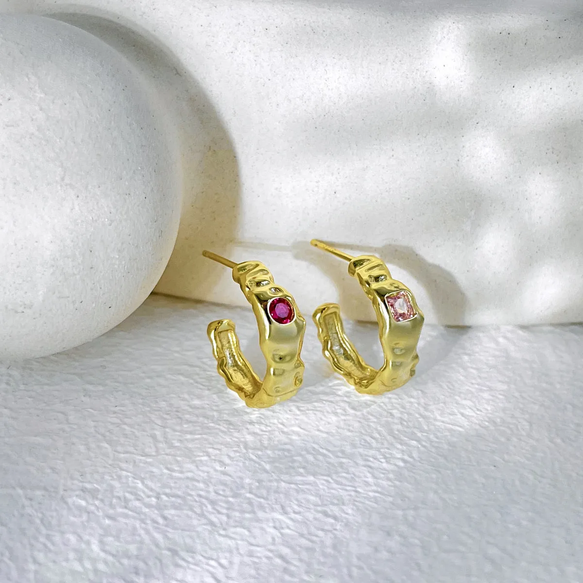 14mm Pink Crystal Textured Stud Backed Hoop Earrings - Gold