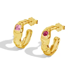 14mm Pink Crystal Textured Stud Backed Hoop Earrings - Gold