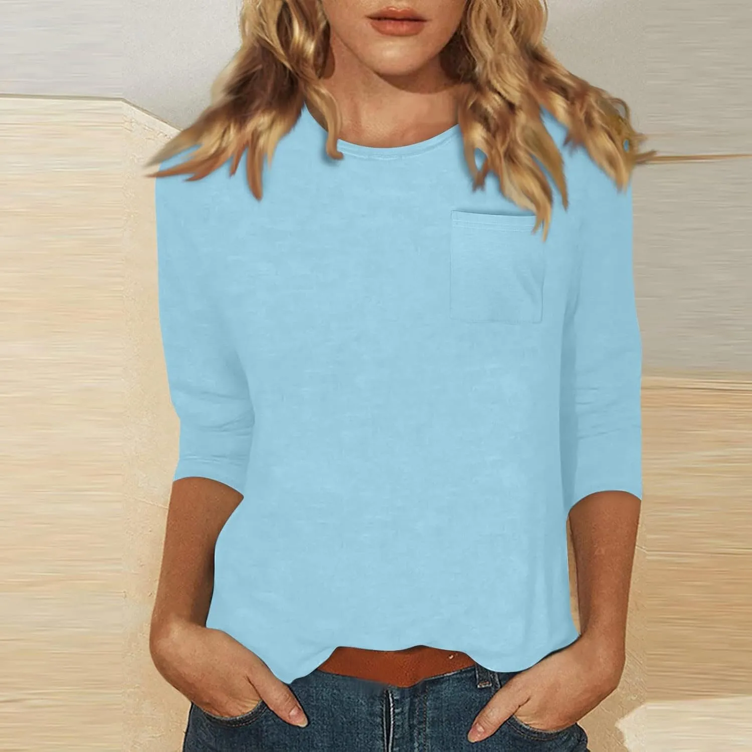 3/4 Length Sleeve Womens Tops Dressy Pocket Basic Crew Neck T Shirts Loose Fit Casual Comfy Three Quarter Blouses
