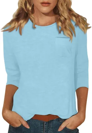 3/4 Length Sleeve Womens Tops Dressy Pocket Basic Crew Neck T Shirts Loose Fit Casual Comfy Three Quarter Blouses