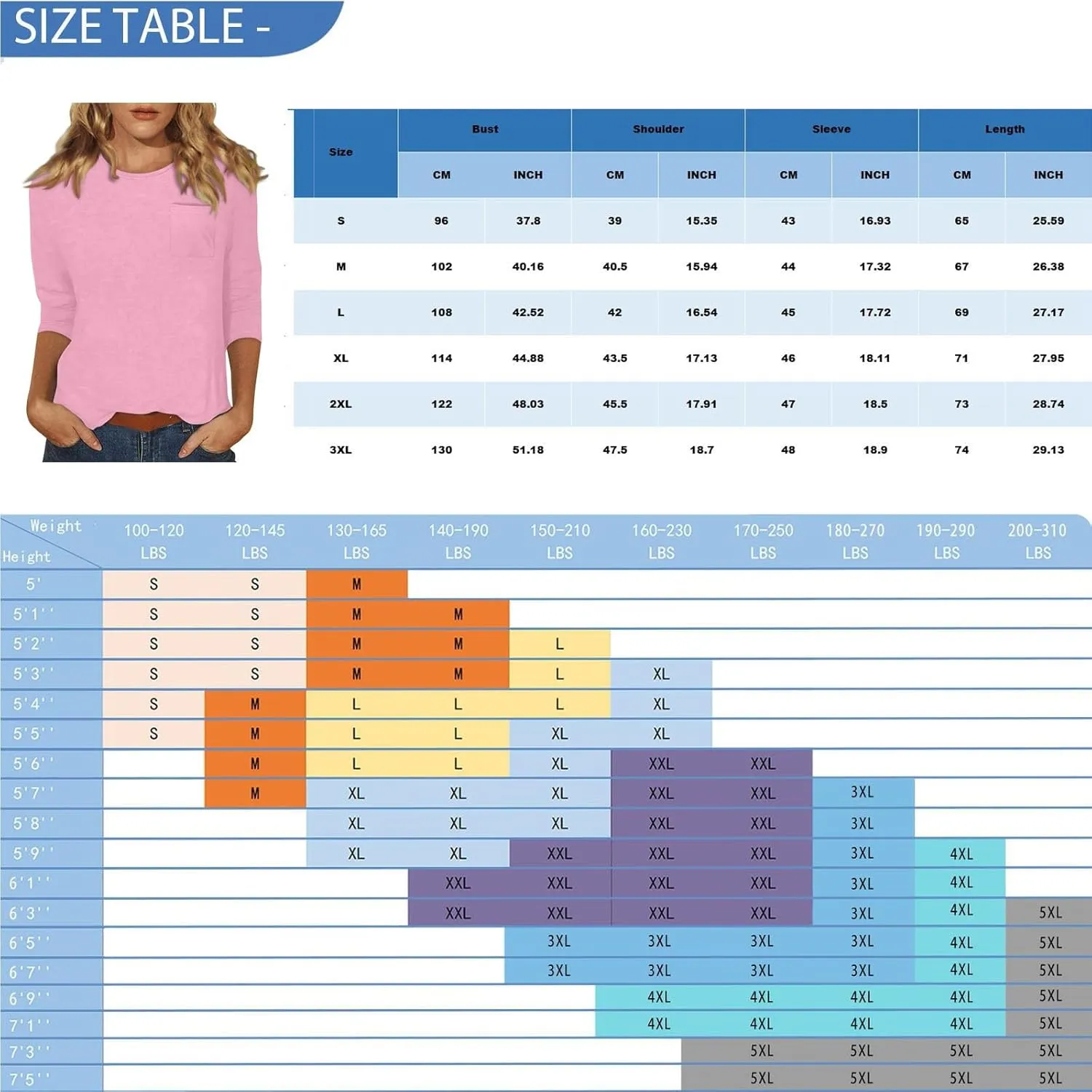 3/4 Length Sleeve Womens Tops Dressy Pocket Basic Crew Neck T Shirts Loose Fit Casual Comfy Three Quarter Blouses