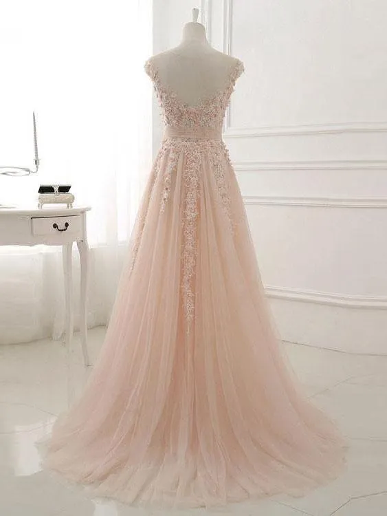 A-line Illusion Sweep Train Tulle Appliqued Prom Dresses 3020