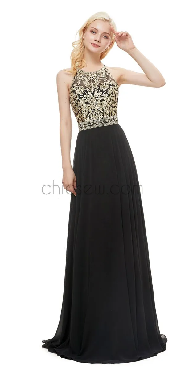 A-line Sleeveless Black Gold Sequin Gorgeous Long Modest Eleganrt Prom Dresses LMX1128