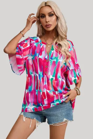 Abstract Hot Pink Brushwork Print Buttoned V Neck Summer Blouse