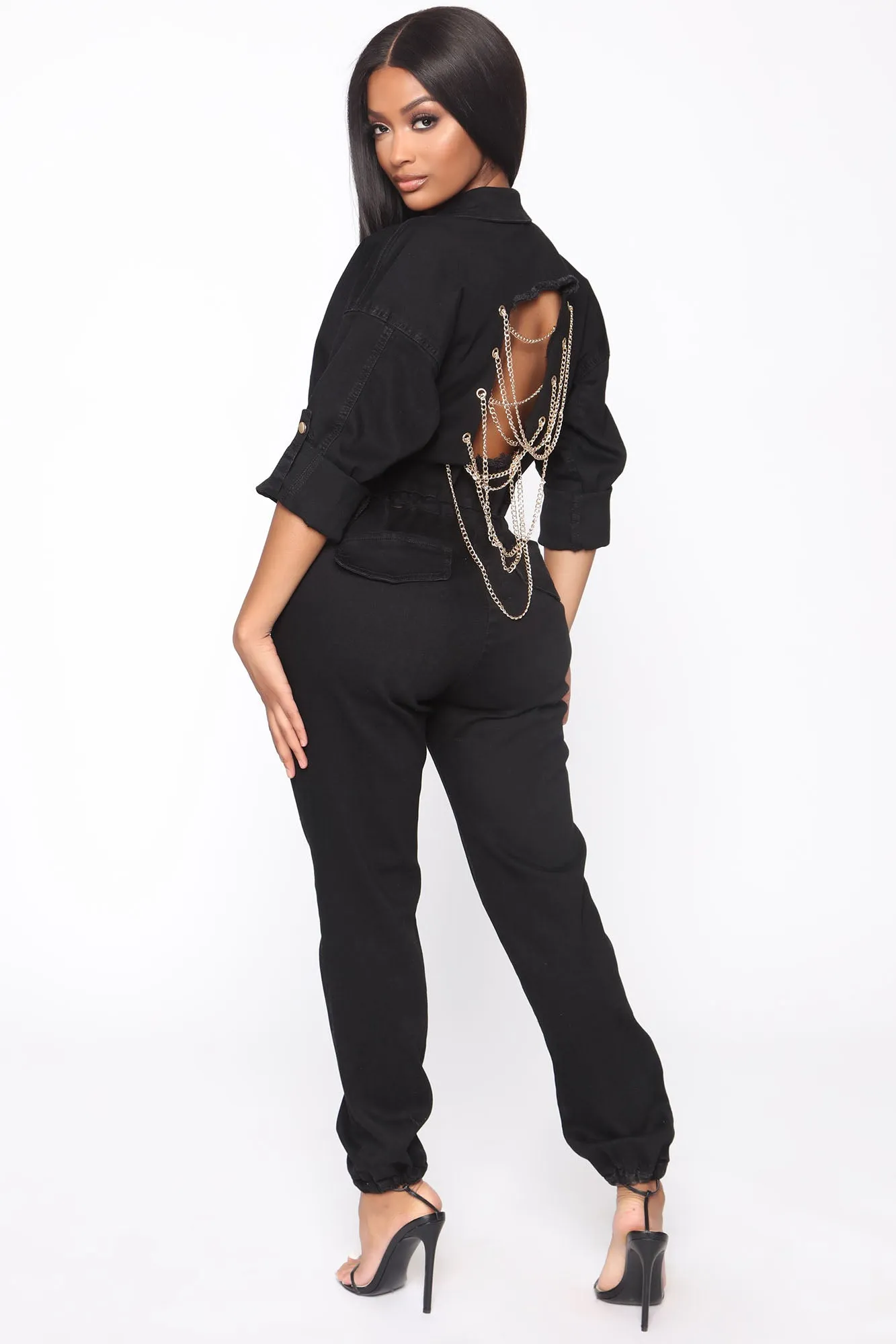 All That Ice Denim Jumpsuit - Black/Gold