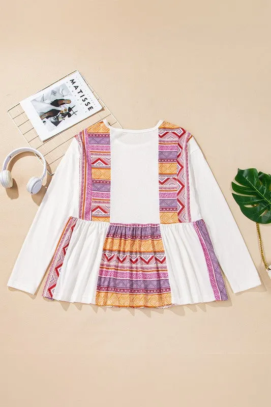 Aztec Print Ruffled Tunic Long Sleeve Babydoll Top