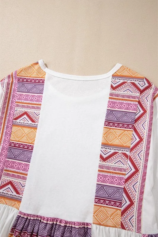 Aztec Print Ruffled Tunic Long Sleeve Babydoll Top