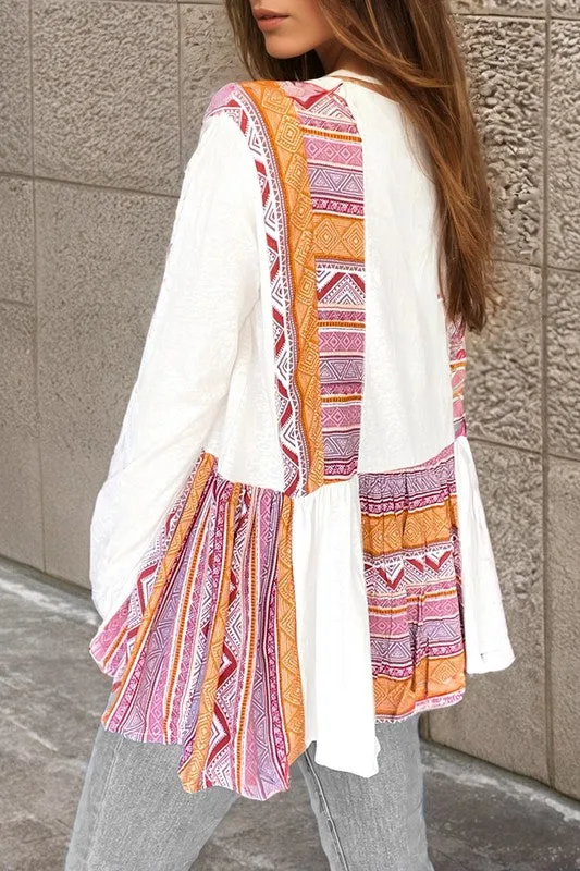 Aztec Print Ruffled Tunic Long Sleeve Babydoll Top