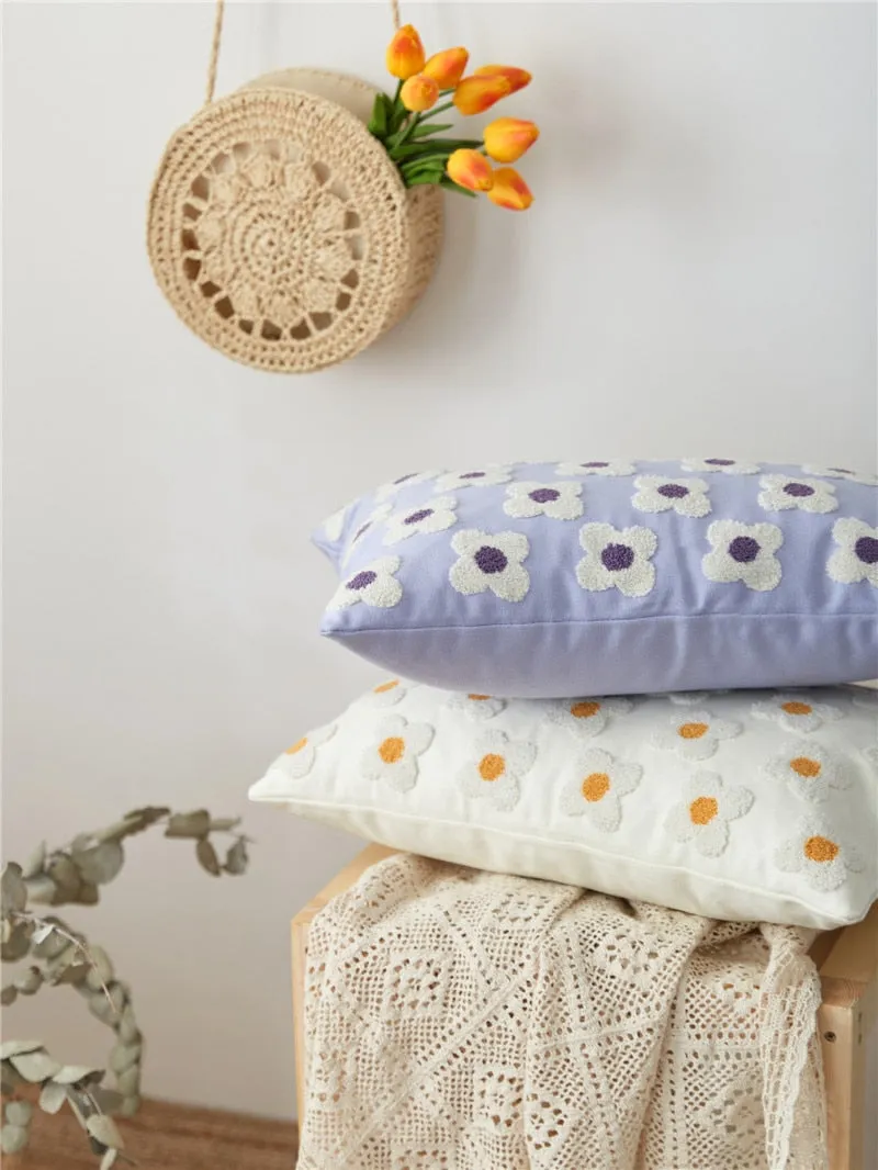Daisy Embroidered Lumbar Pillow Cover
