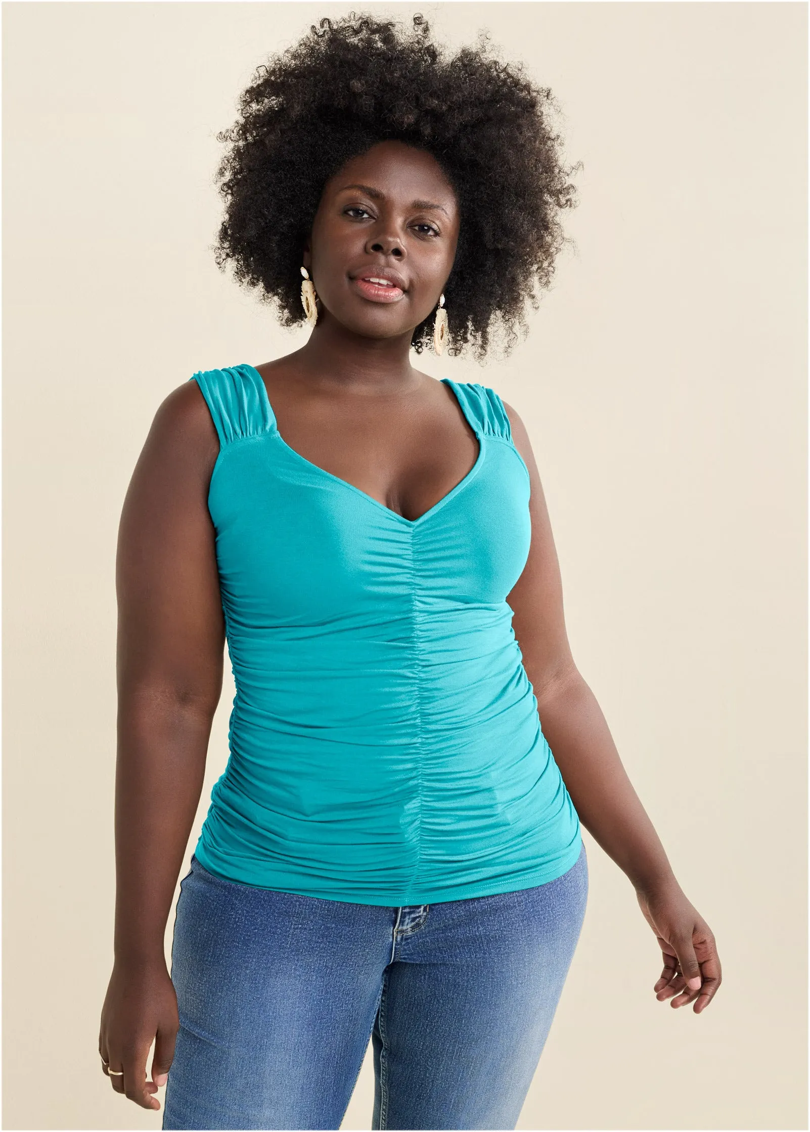 Deep-V Ruched Tank Top - Capri