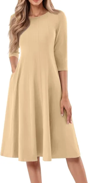 Dresses for Women Spring Crew Neck 3/4 Sleeve Midi Dress A Line Solid Color Dress with Pockets