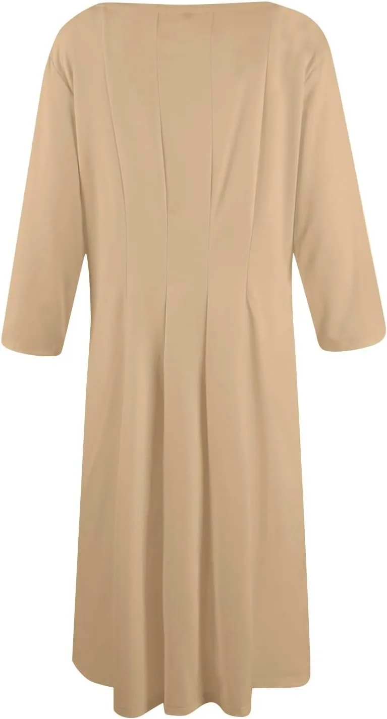 Dresses for Women Spring Crew Neck 3/4 Sleeve Midi Dress A Line Solid Color Dress with Pockets