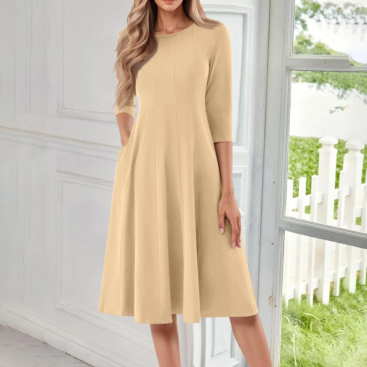 Dresses for Women Spring Crew Neck 3/4 Sleeve Midi Dress A Line Solid Color Dress with Pockets