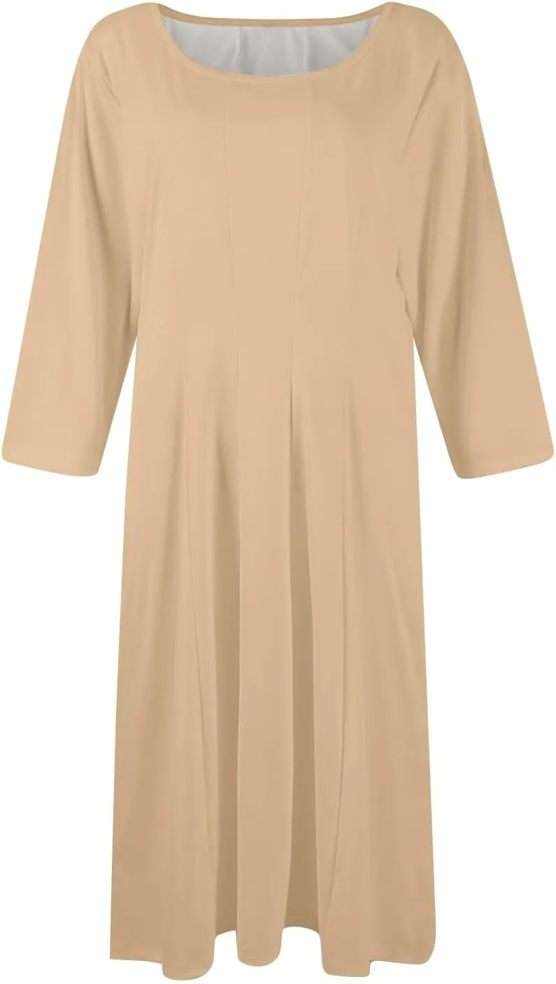 Dresses for Women Spring Crew Neck 3/4 Sleeve Midi Dress A Line Solid Color Dress with Pockets
