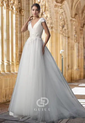 Elegant A-Line Short Sleeves V-Neck Floral Appliques Lace Romantic Wedding Dress