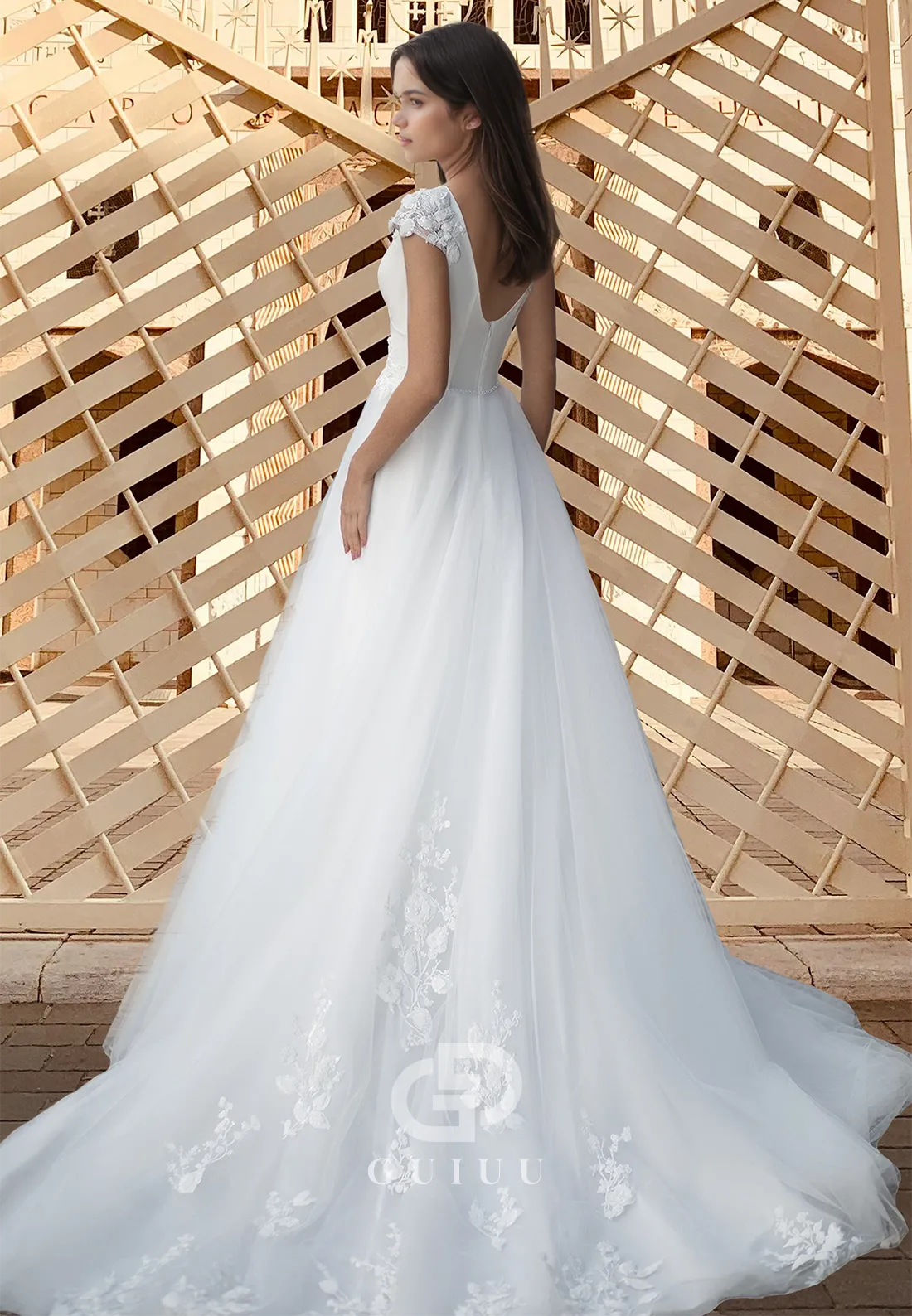 Elegant A-Line Short Sleeves V-Neck Floral Appliques Lace Romantic Wedding Dress