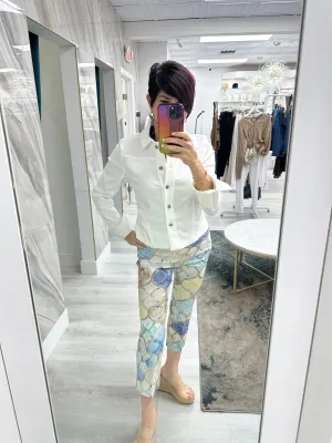 Elegant Printed Side Buttons Cropped Techno Pants