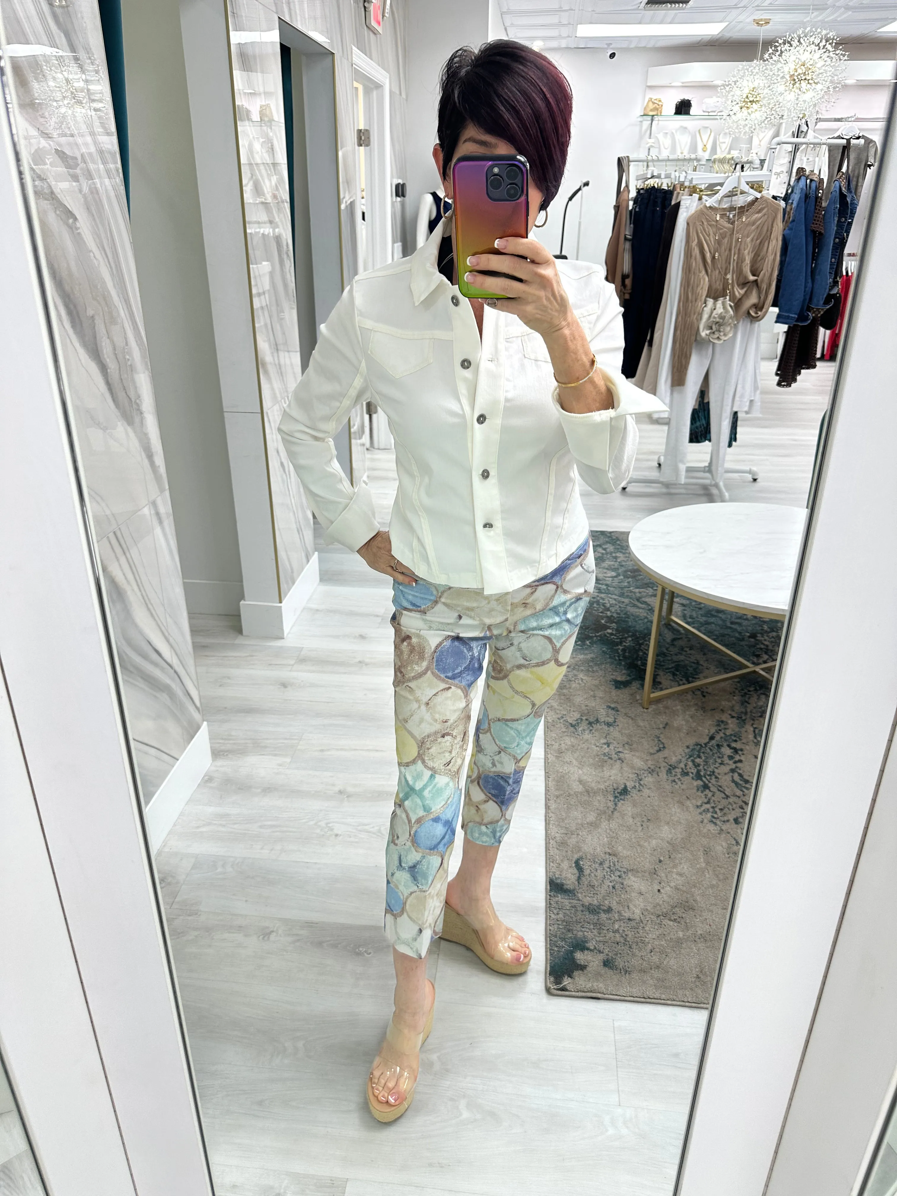 Elegant Printed Side Buttons Cropped Techno Pants