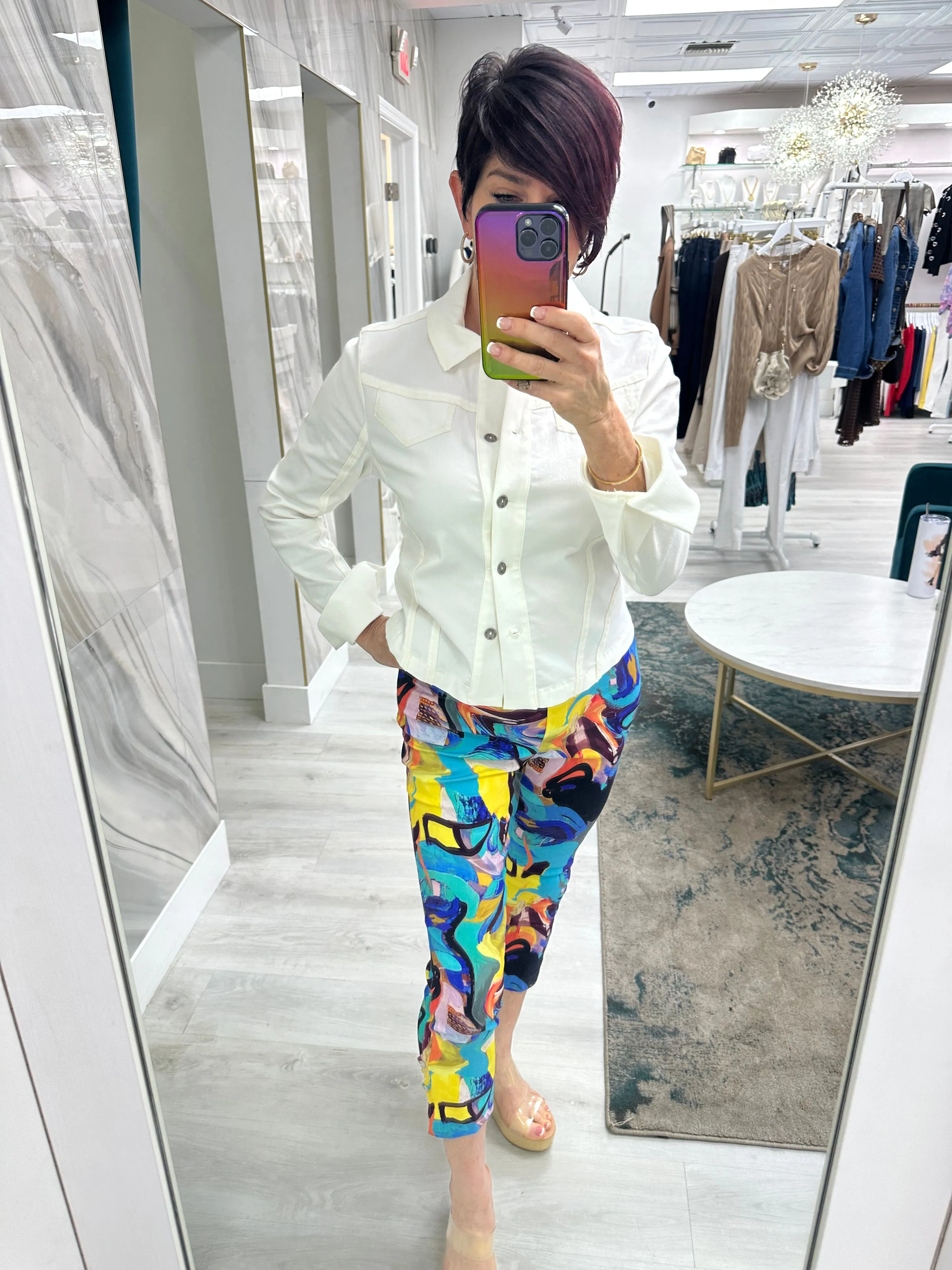 Elegant Printed Side Buttons Cropped Techno Pants