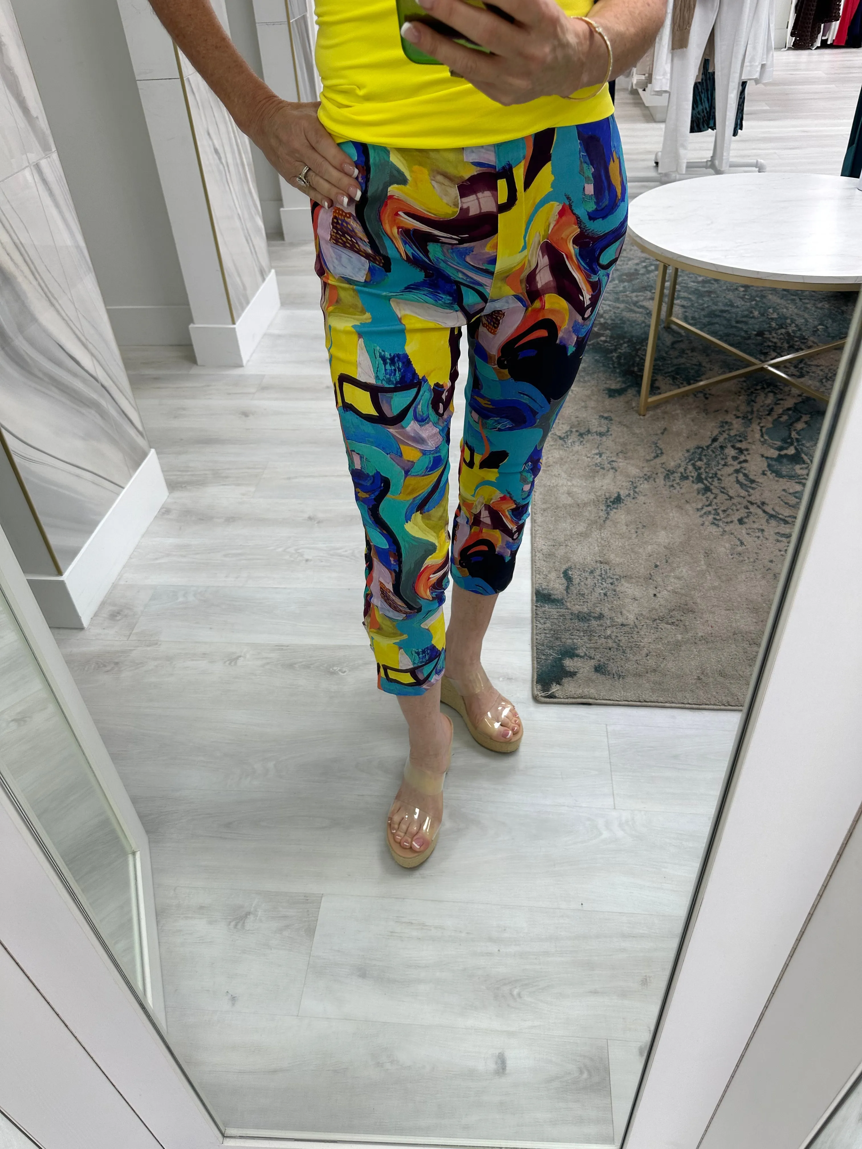 Elegant Printed Side Buttons Cropped Techno Pants