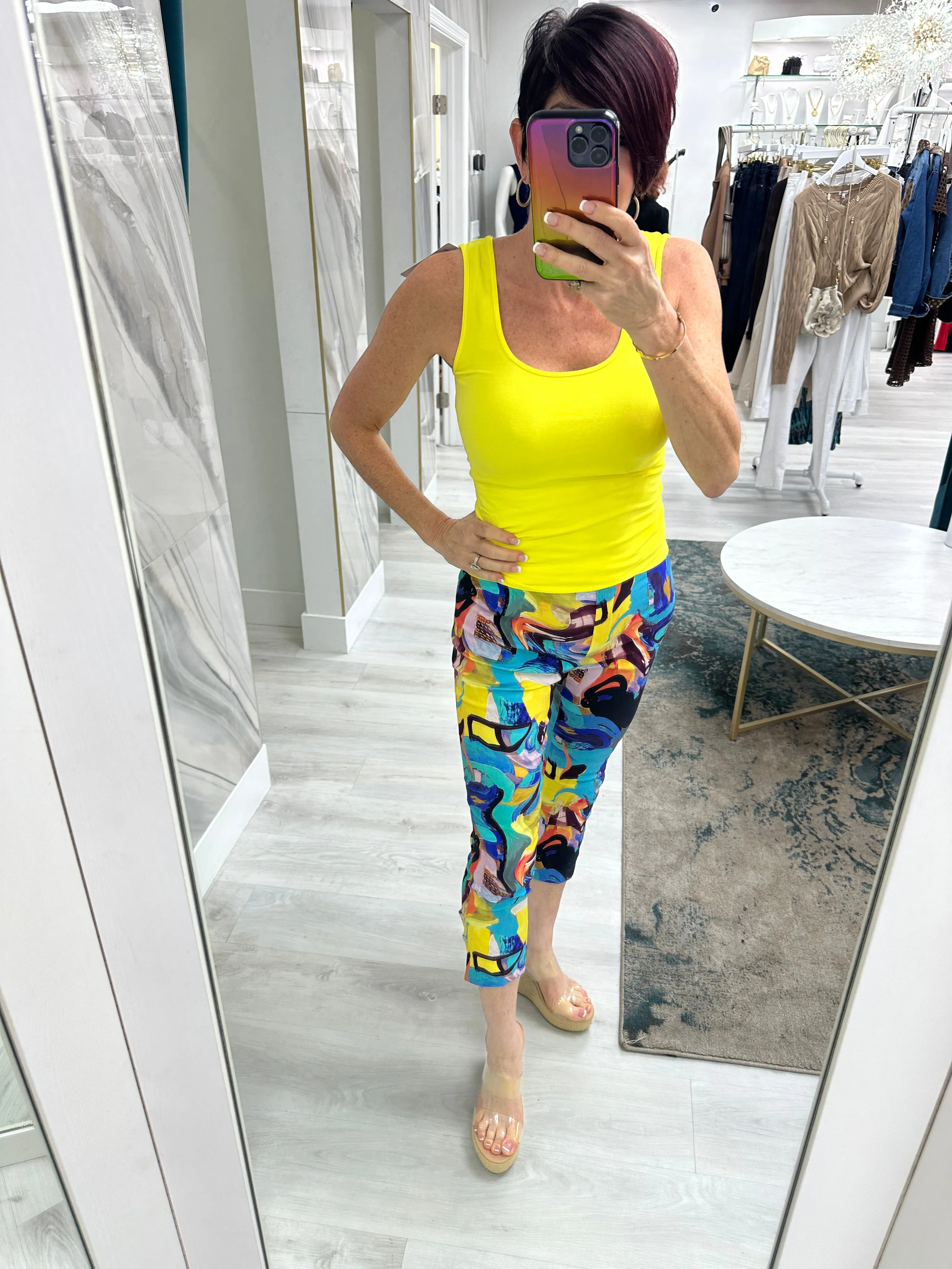 Elegant Printed Side Buttons Cropped Techno Pants