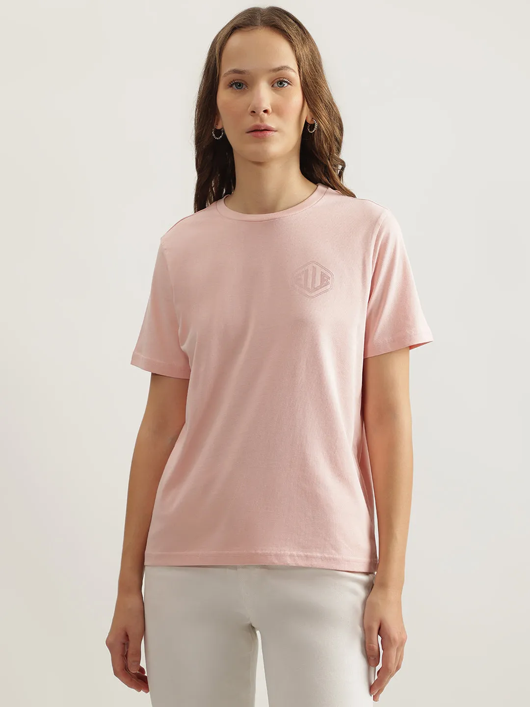 Elle Women Pink Solid Round Neck Short Sleeves T-Shirt