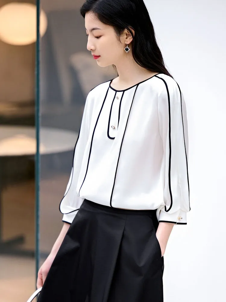 EP YAYING Silk Fashionable Trimmed 3/4 Sleeve Shirt