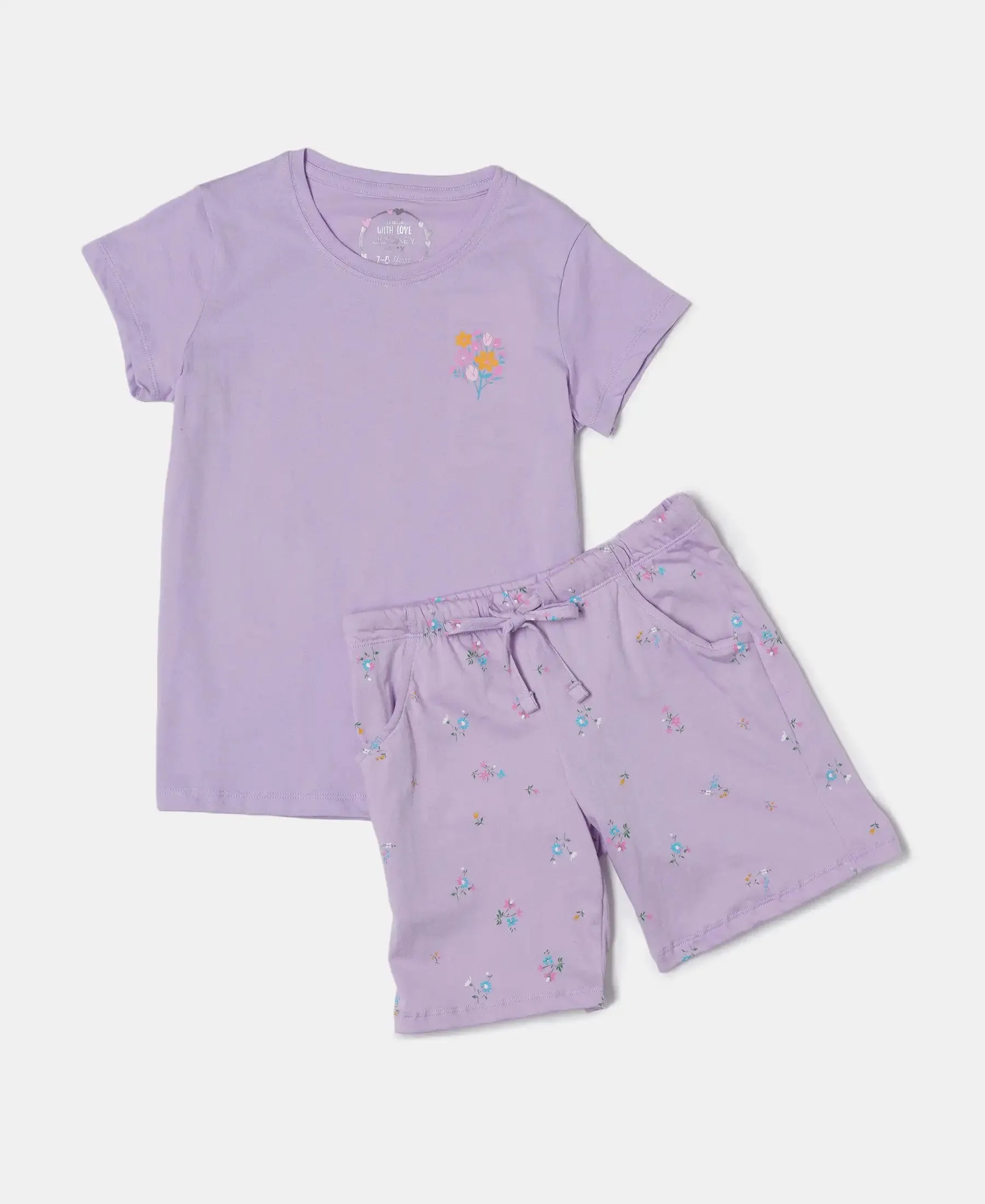 Girl's Super Combed Cotton Short Sleeve T-Shirt and Printed Shorts Set - Lavendula