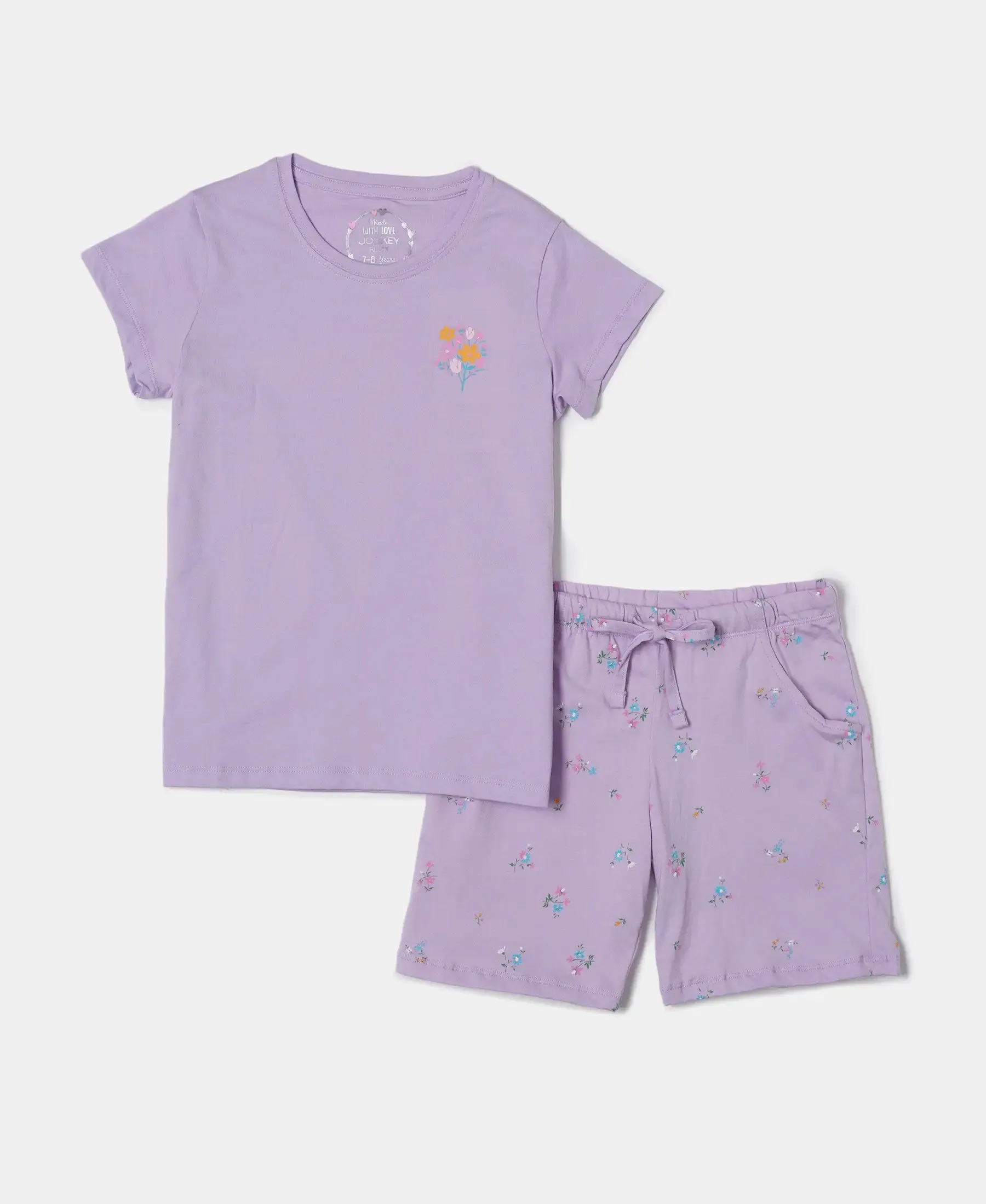 Girl's Super Combed Cotton Short Sleeve T-Shirt and Printed Shorts Set - Lavendula