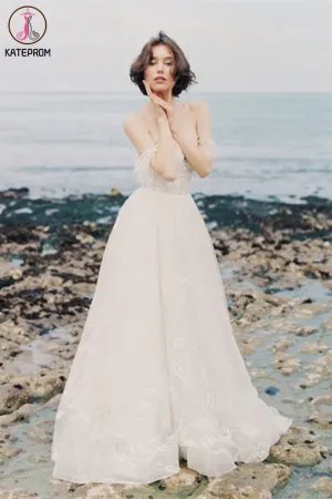 Kateprom A-line Removable Spaghetti Straps Beach Wedding Dress Sweep/Brush Train White Lace Wedding Dresses KPW0624