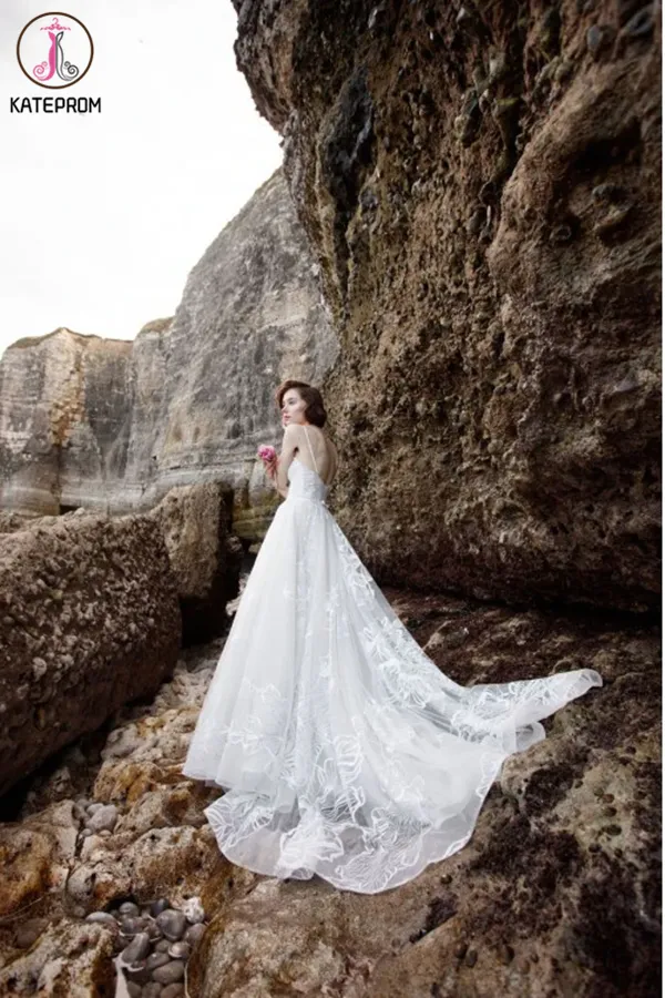 Kateprom A-line Removable Spaghetti Straps Beach Wedding Dress Sweep/Brush Train White Lace Wedding Dresses KPW0624