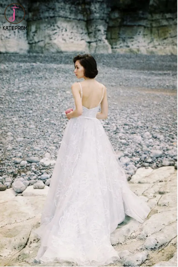 Kateprom A-line Removable Spaghetti Straps Beach Wedding Dress Sweep/Brush Train White Lace Wedding Dresses KPW0624