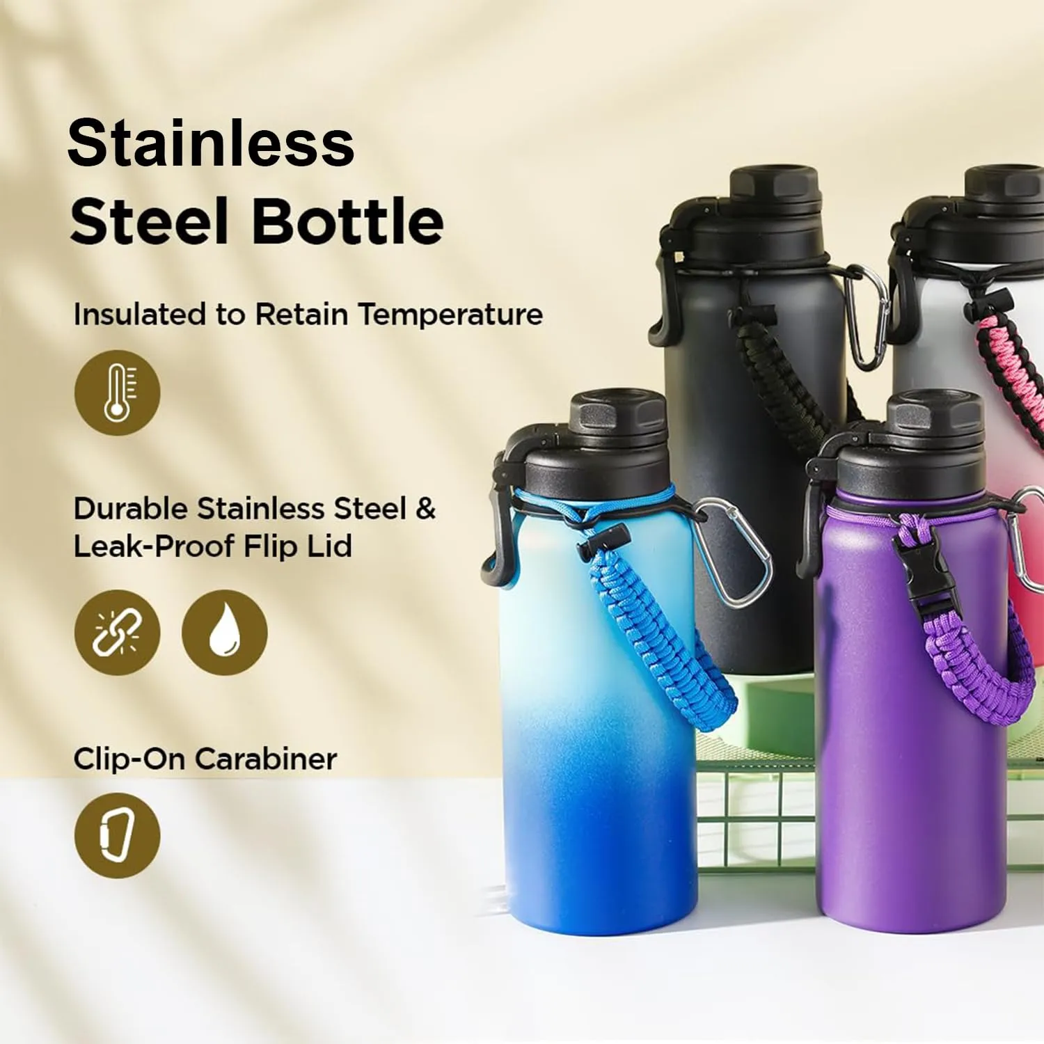 Kuber Industries Water Bottle | Steel Water Bottle for Daily Use | Vacuum Insulated Flask Water Bottle with Rope | Hot & Cold Water Bottle | 960 ML | LX-230608 | Pack of 6 | Black & Gray