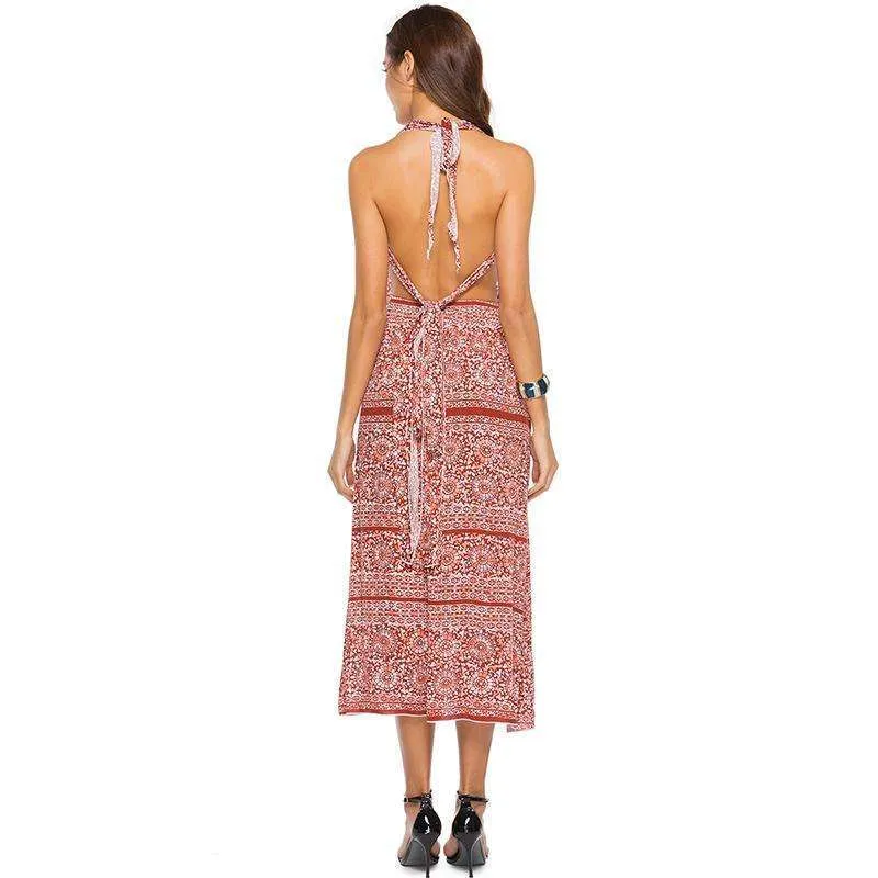 Lace Up Sexy Floral Midi Dress