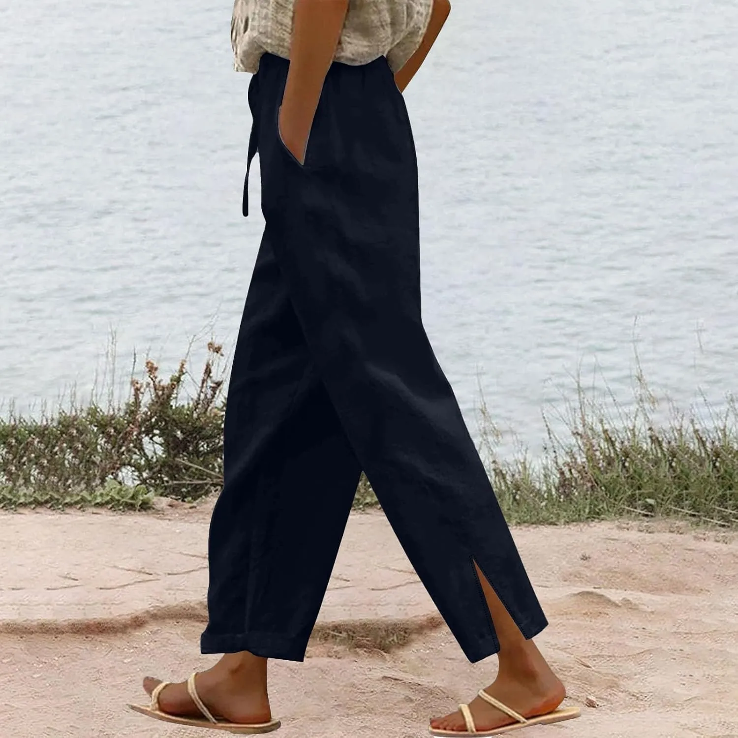 Linen Capri Pants Women Summer 2025 Pants Side Button Casual Cropped Linen Capris for Women Striped Spring