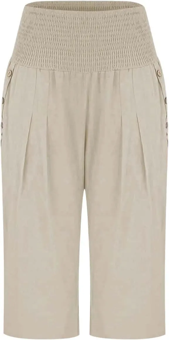 Linen Pants for Women Casual Loose Elastic High Waisted Straight Leg Trousers Palazzo Boho Wide Leg Beach Lounge