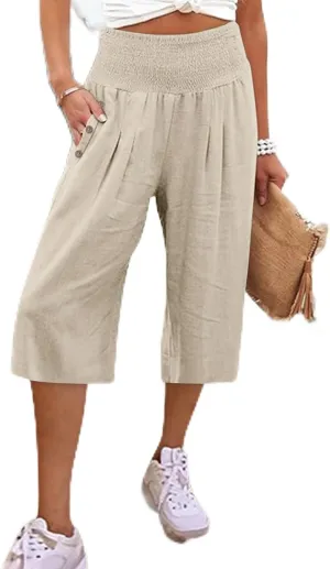Linen Pants for Women Casual Loose Elastic High Waisted Straight Leg Trousers Palazzo Boho Wide Leg Beach Lounge