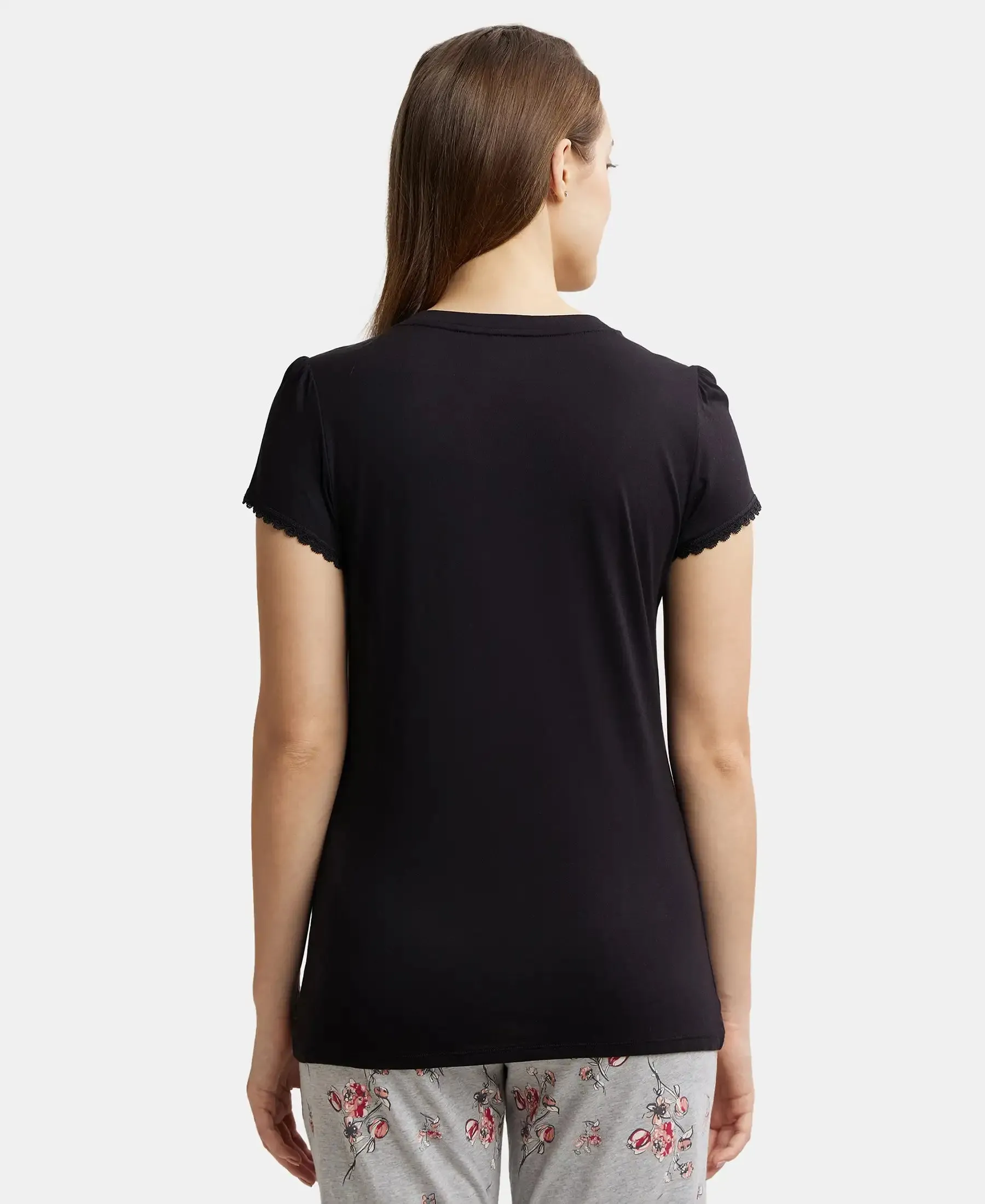 Micro Modal Cotton Relaxed Fit Solid V Neck Half Sleeve T-Shirt - Black