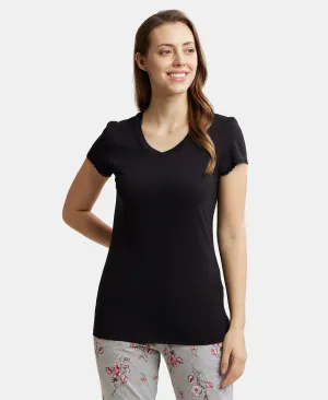 Micro Modal Cotton Relaxed Fit Solid V Neck Half Sleeve T-Shirt - Black