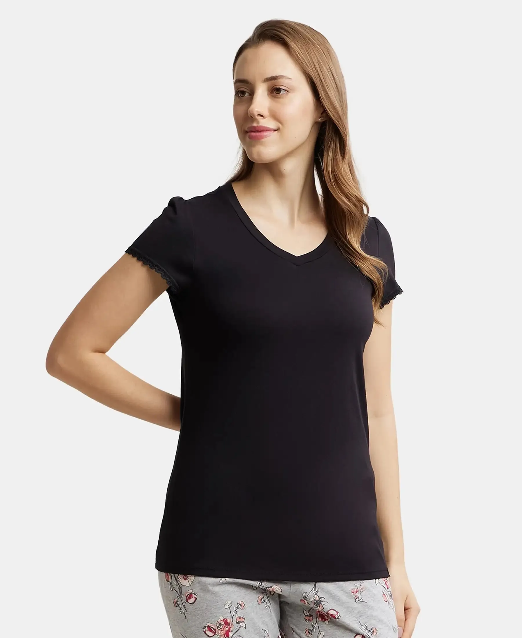 Micro Modal Cotton Relaxed Fit Solid V Neck Half Sleeve T-Shirt - Black