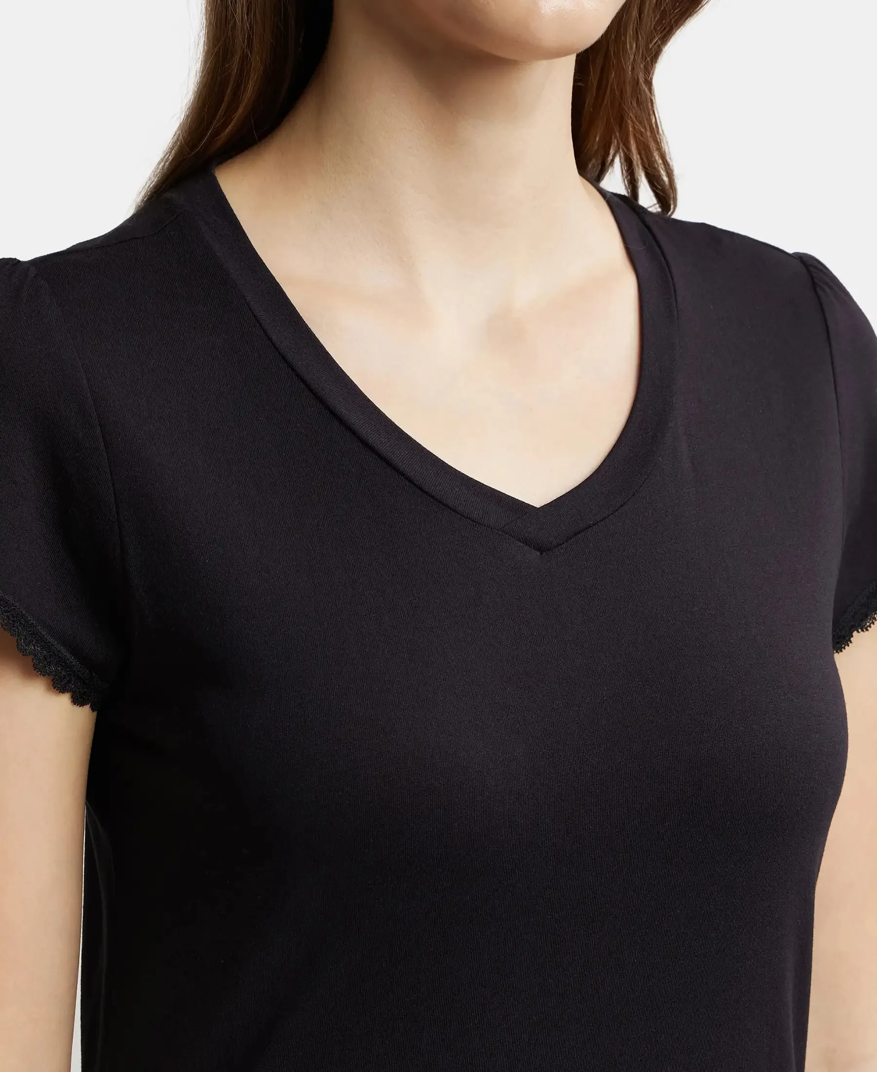 Micro Modal Cotton Relaxed Fit Solid V Neck Half Sleeve T-Shirt - Black