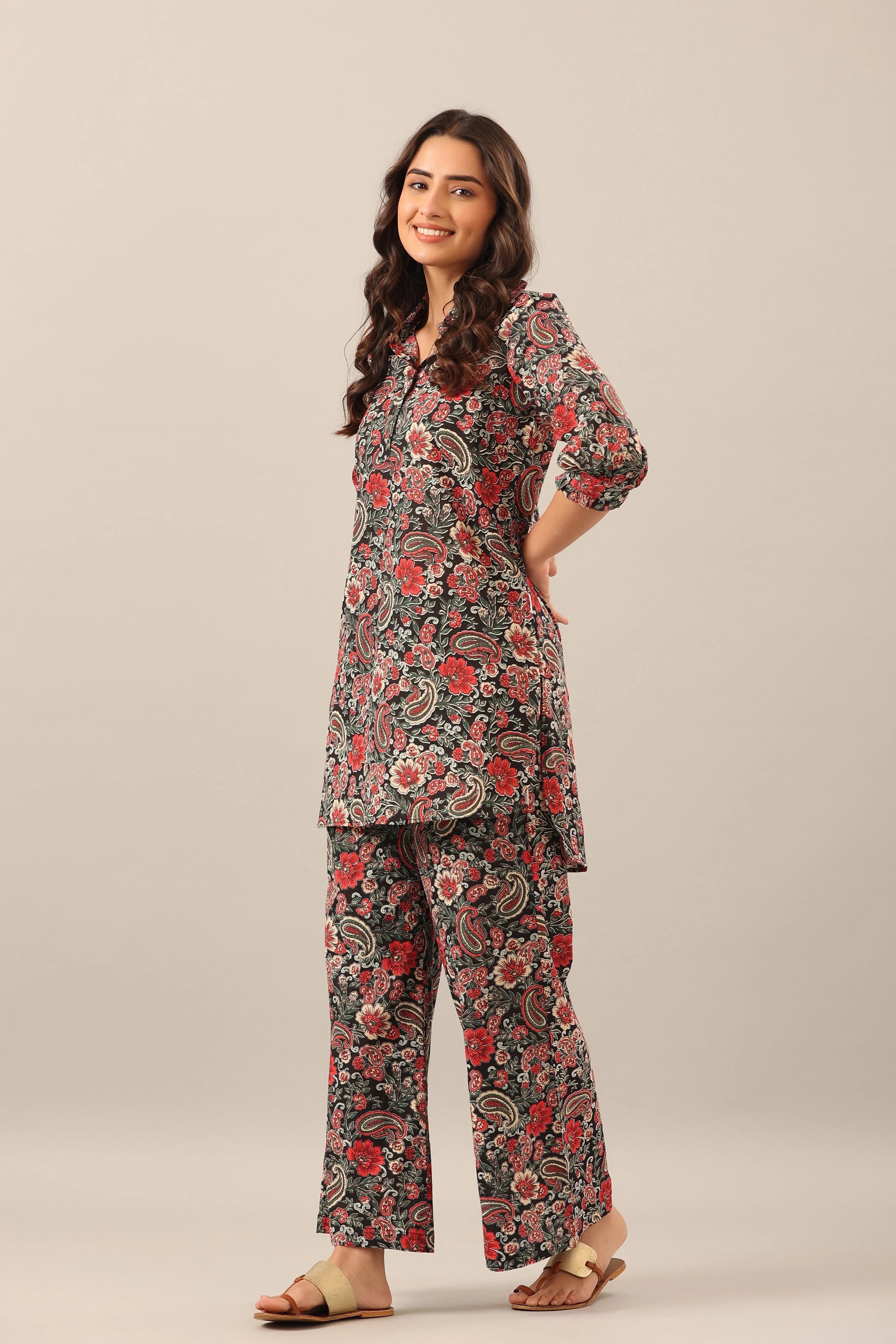 Paisley Park on Black Collared Smoked Sleeves Palazzo Loungewear Set