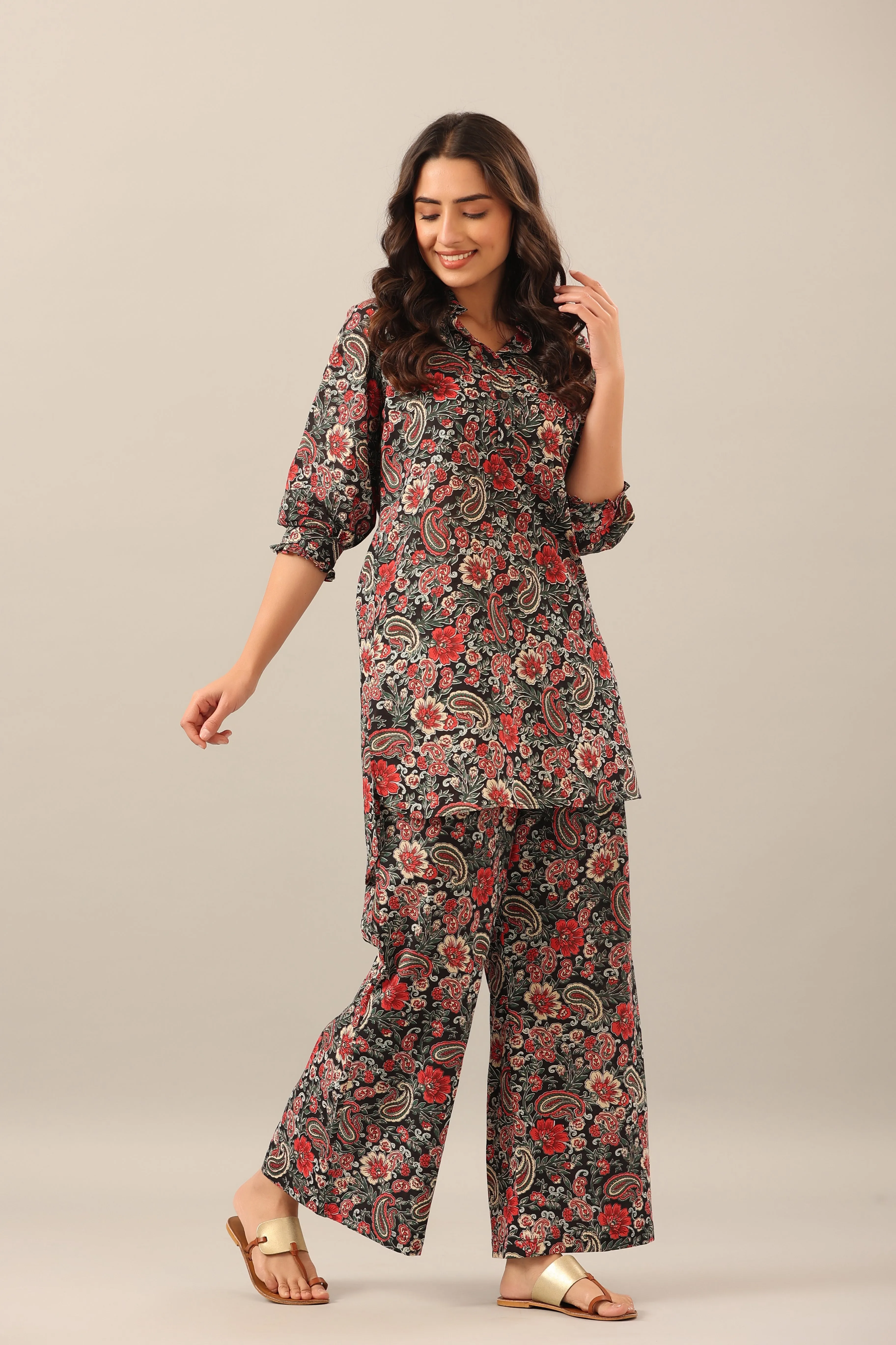Paisley Park on Black Collared Smoked Sleeves Palazzo Loungewear Set