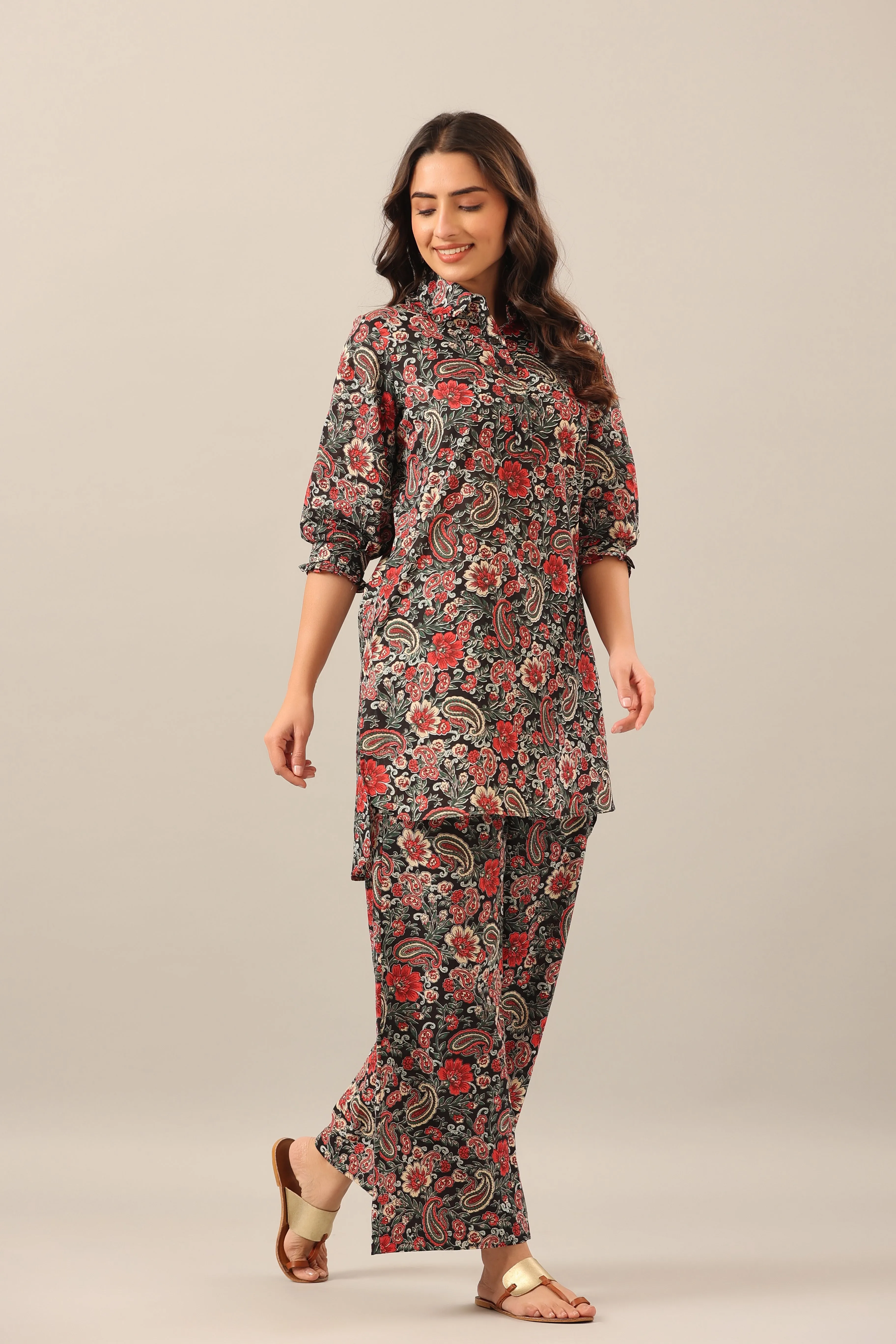 Paisley Park on Black Collared Smoked Sleeves Palazzo Loungewear Set