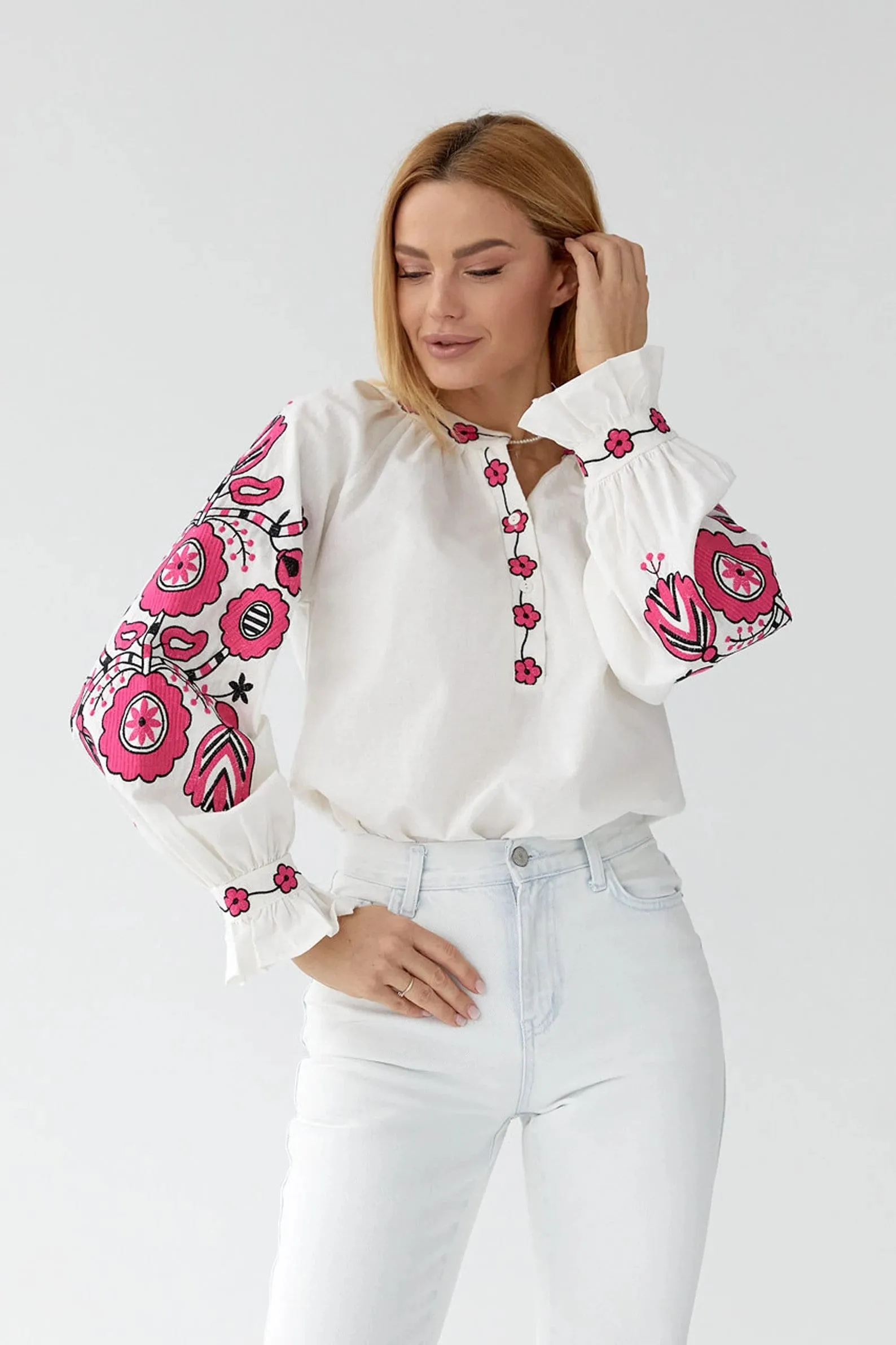 Pink Floral Embroidery Cotton Peasant Blouse
